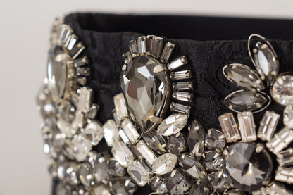 Dolce & Gabbana Zwarte Zijden Messing Kristal Versierde Tailleriem