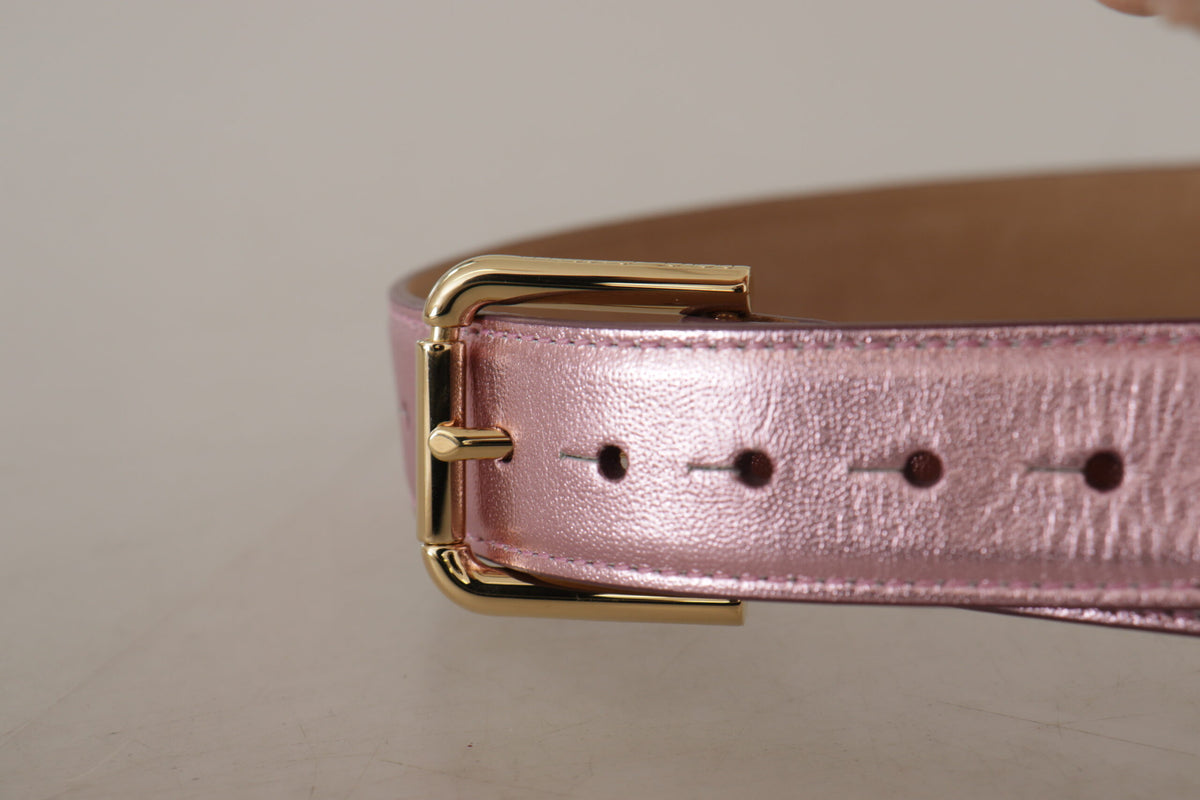 Dolce & Gabbana Metallic Pink Polished Leather Logo Buckle Belt