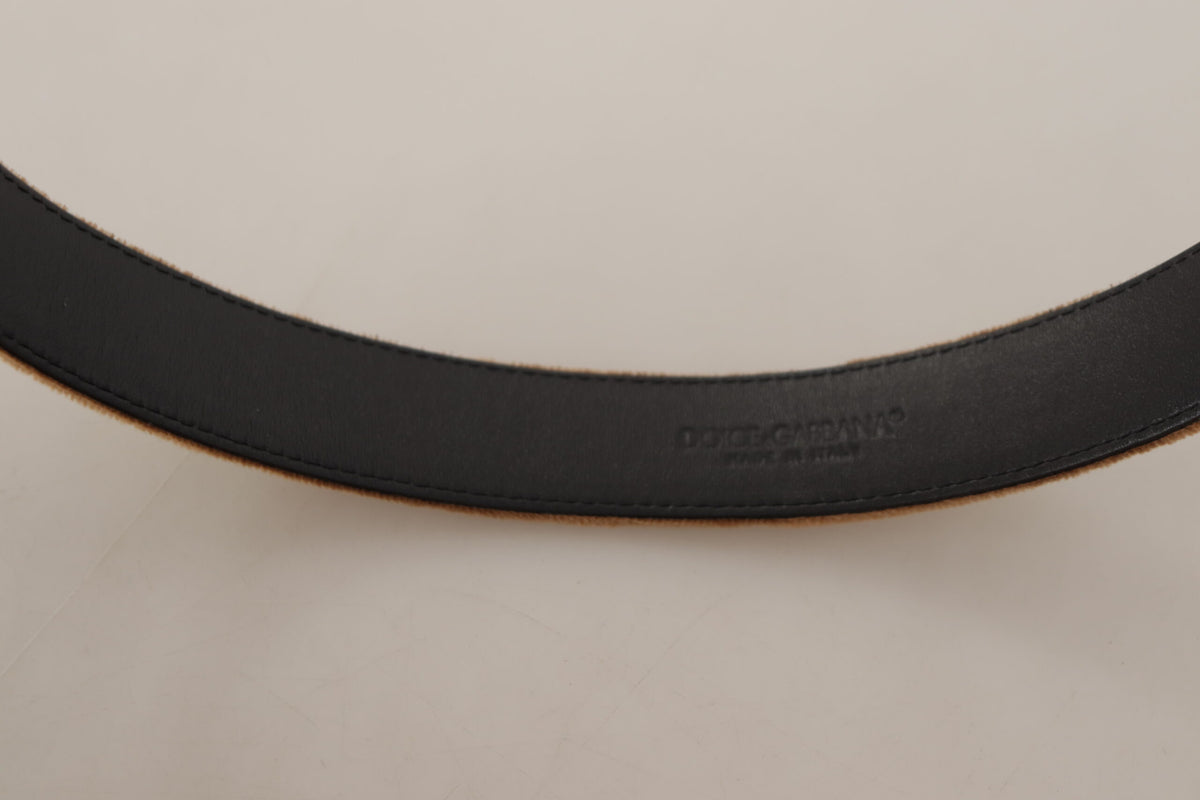 Dolce & Gabbana Ceinture en Velours Brun avec Boucle Métallique Logo Vintage
