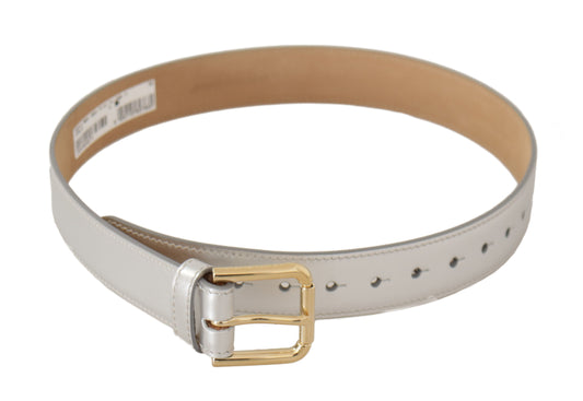 Dolce & Gabbana zilveren leren riem met gouden logo en metalen gesp