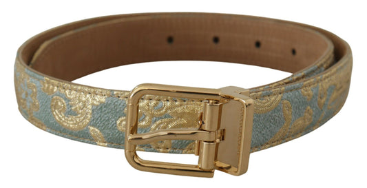 Dolce & Gabbana blauwe leren jacquard reliëf gouden metalen gesp riem