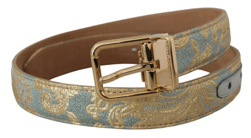 Dolce & Gabbana Ceinture en Cuir Jacquard Bleu avec Boucle en Métal Doré