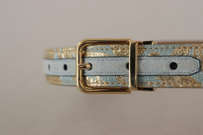 Dolce & Gabbana blauwe leren jacquard reliëf gouden metalen gesp riem