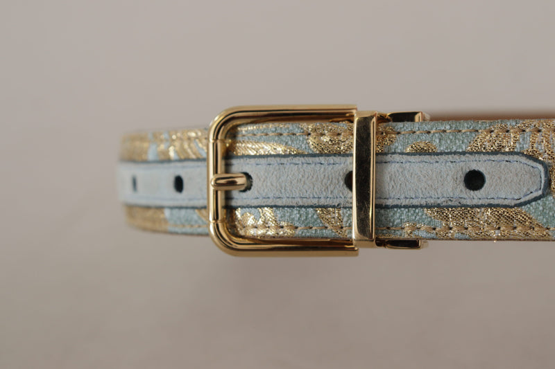 Dolce & Gabbana Ceinture en Cuir Jacquard Bleu avec Boucle en Métal Doré