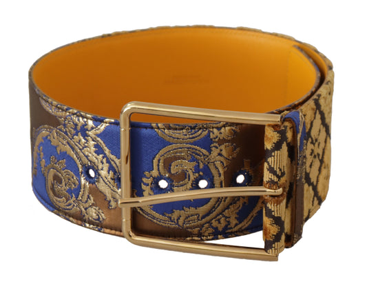 Dolce & Gabbana Blauwe Bloemen Patchwork Leren Brede Taille Riem met Gesp