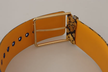 Dolce & Gabbana Blauwe Bloemen Patchwork Leren Brede Taille Riem met Gesp