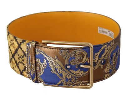 Dolce & Gabbana Blauwe Bloemen Patchwork Leren Brede Taille Riem met Gesp