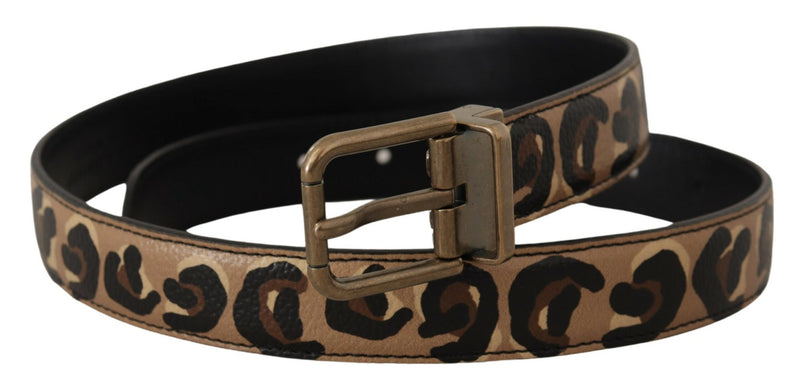 Dolce & Gabbana Ceinture en Cuir Marron à Imprimé Léopard avec Boucle en Bronze