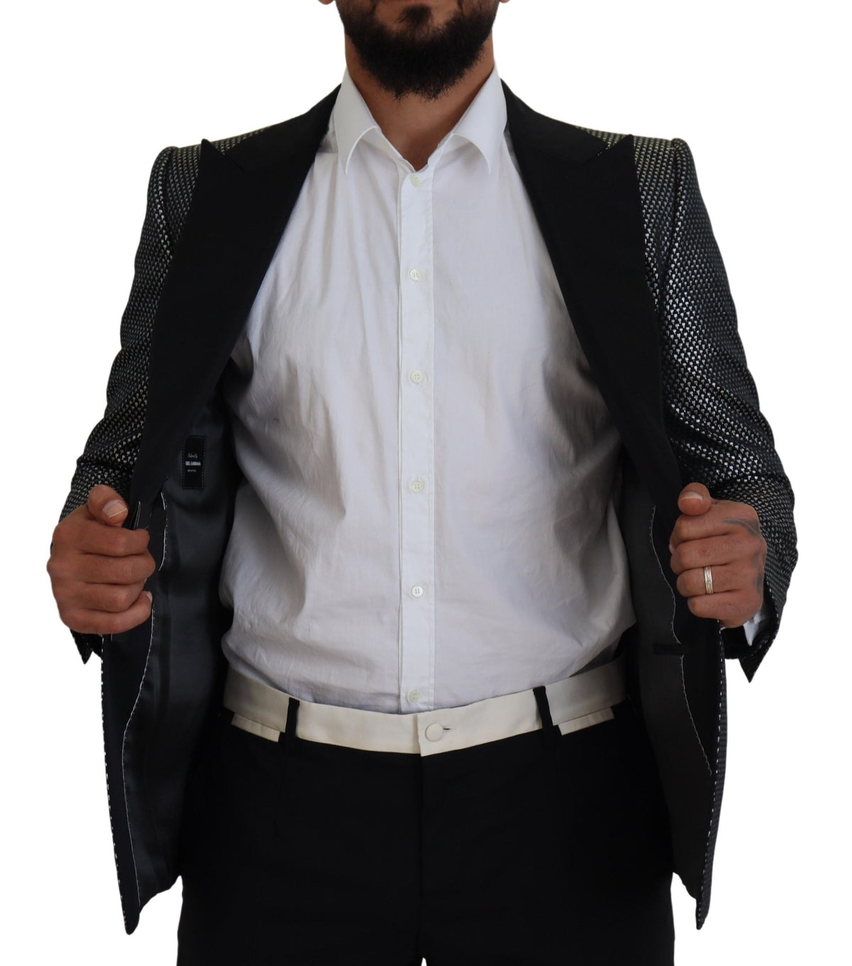 Dolce &amp; Gabbana, veste blazer slim fit en jacquard noir et argent.