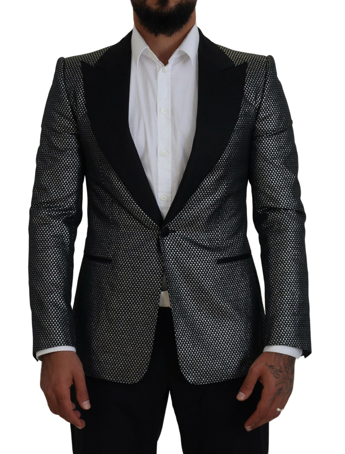 Dolce &amp; Gabbana, veste blazer slim fit en jacquard noir et argent.