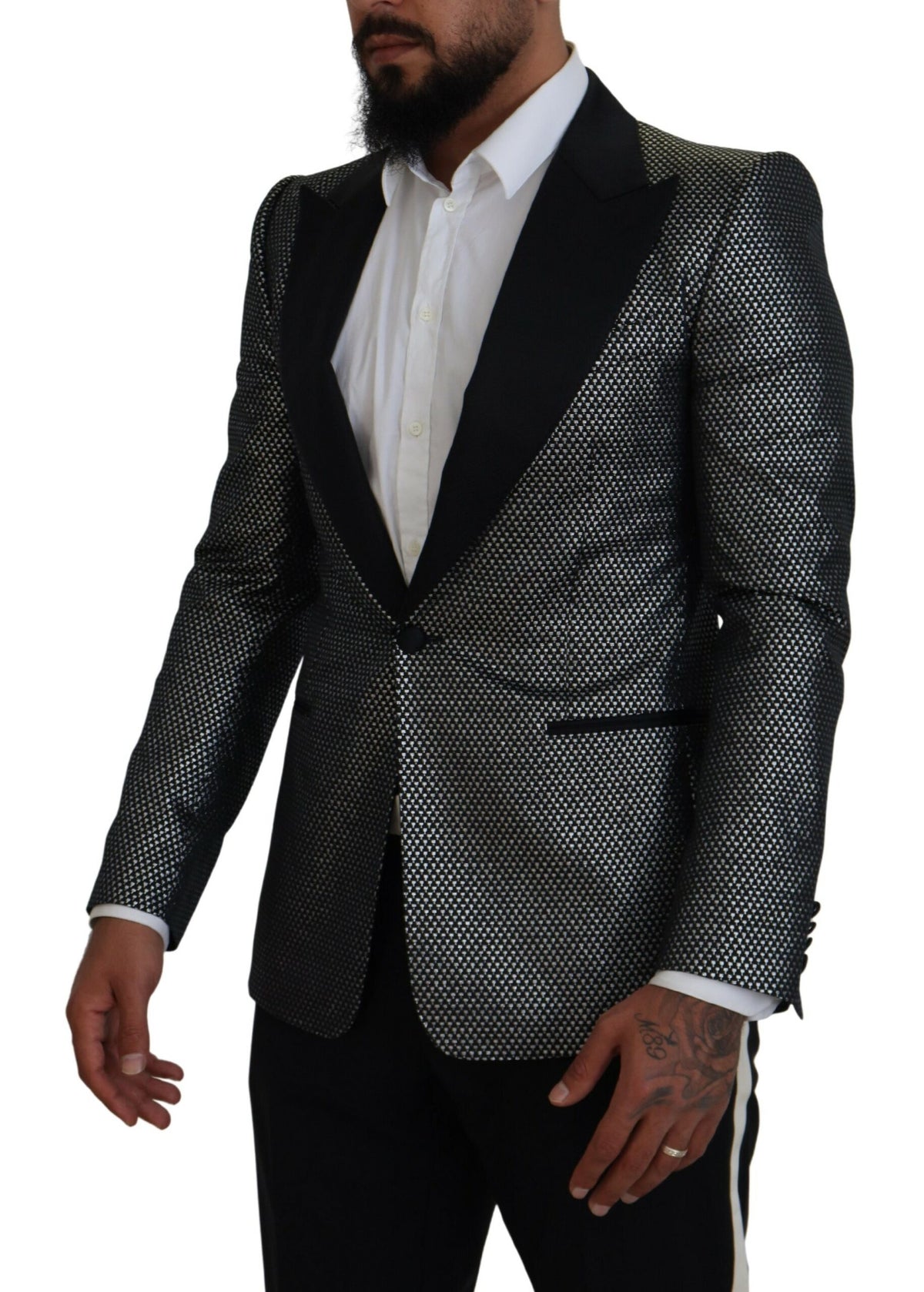 Dolce &amp; Gabbana, veste blazer slim fit en jacquard noir et argent.