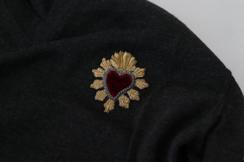 Dolce &amp; Gabbana grijze kasjmier trui met V-hals en gouden hartmotief