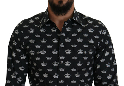 Dolce & Gabbana zwart overhemd met gouden kroonprint, smalle pasvorm.