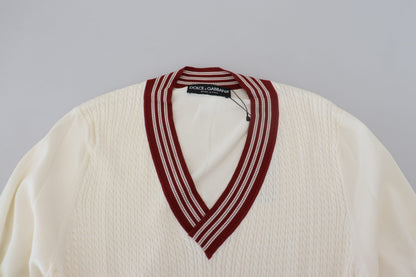 Pull en tricot à col en V blanc et rouge de Dolce & Gabbana