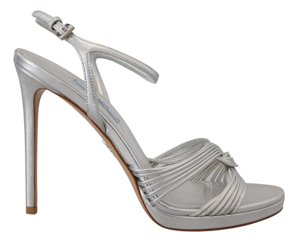 Prada Sandales à Talons Aiguilles en Cuir Argenté avec Bride Cheville