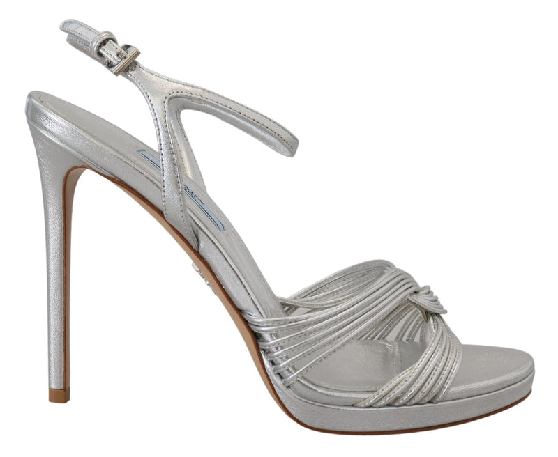 Prada Sandales à Talons Aiguilles en Cuir Argenté avec Bride Cheville