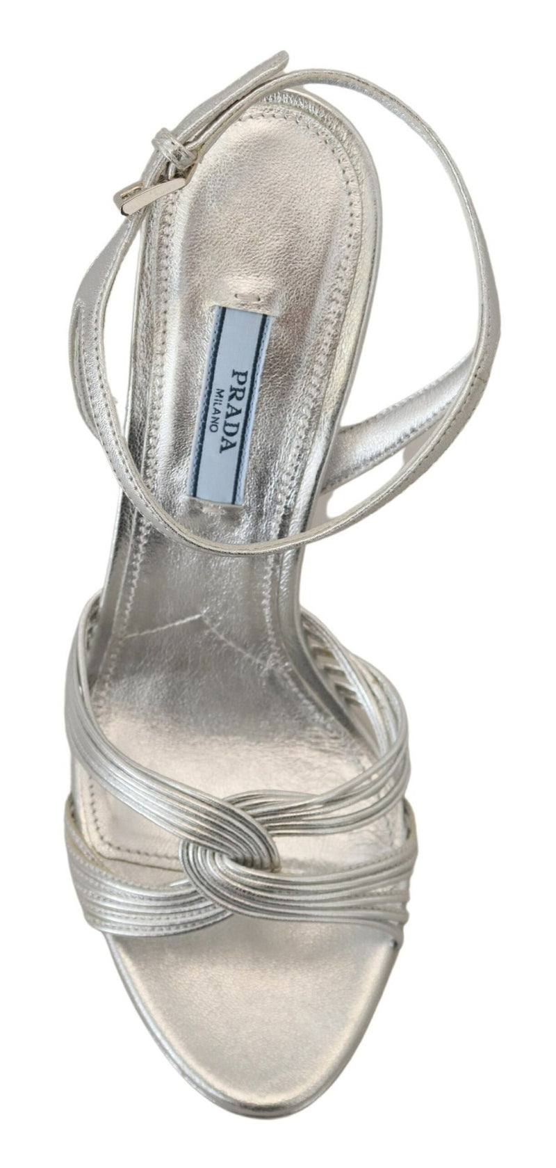 Prada Sandales à Talons Aiguilles en Cuir Argenté avec Bride Cheville