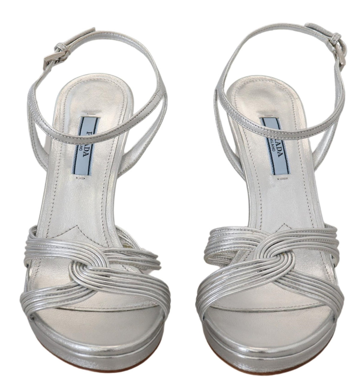 Prada Sandales à Talons Aiguilles en Cuir Argenté avec Bride Cheville