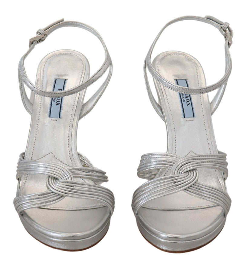 Prada Sandales à Talons Aiguilles en Cuir Argenté avec Bride Cheville