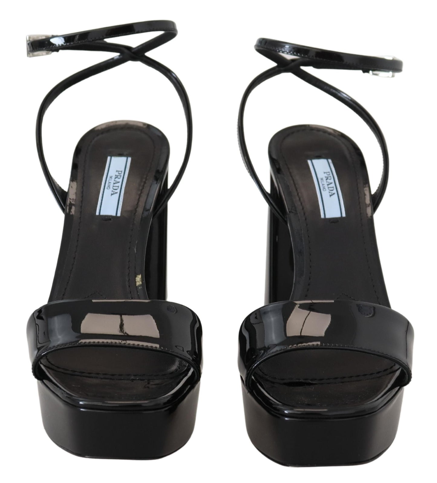 Prada Black Patent Sandals Ankle Strap Heels Leather