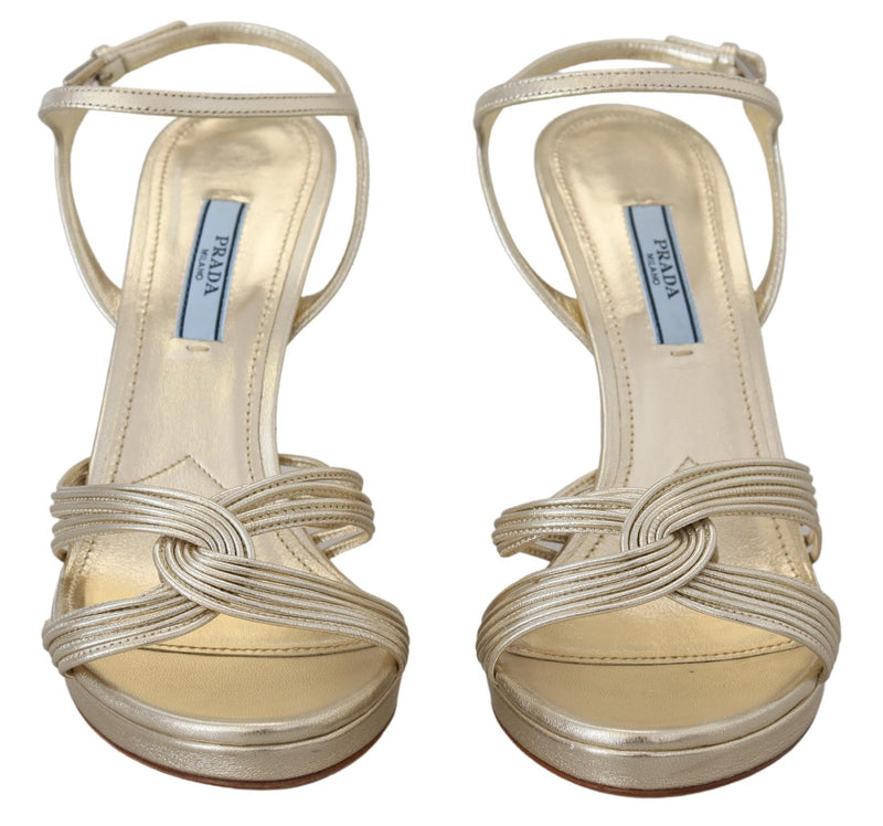 Prada Gold Leather Stiletto Heels Sandals with Ankle Strap