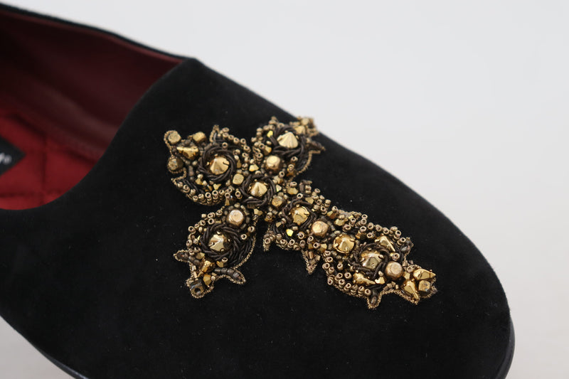 Dolce & Gabbana Black Suede Gold Cross Slip On Loafers