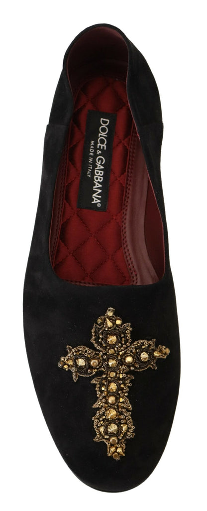 Dolce & Gabbana Zwarte Suède Goudkleurige Kruisvormige Slippers