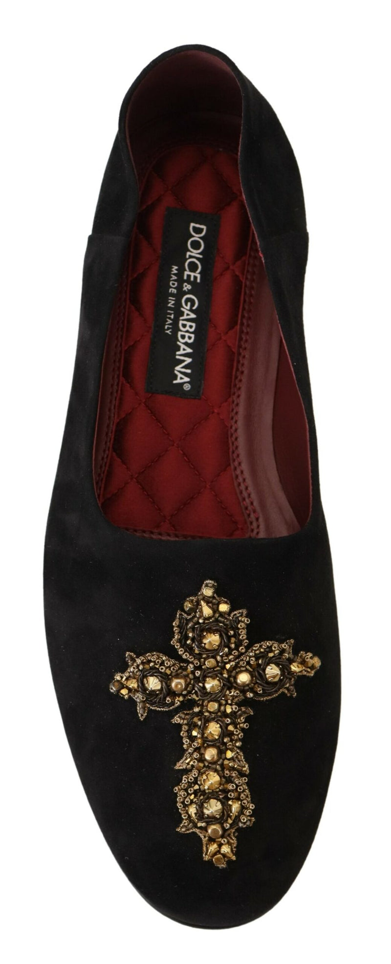 Dolce & Gabbana Black Suede Gold Cross Slip On Loafers