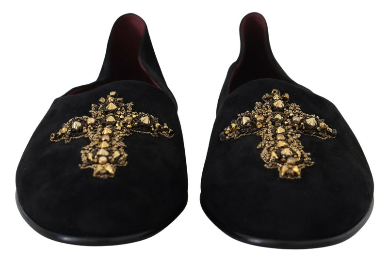 Dolce & Gabbana Black Suede Gold Cross Slip On Loafers