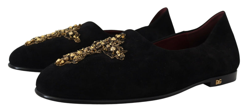 Dolce & Gabbana Black Suede Gold Cross Slip On Loafers