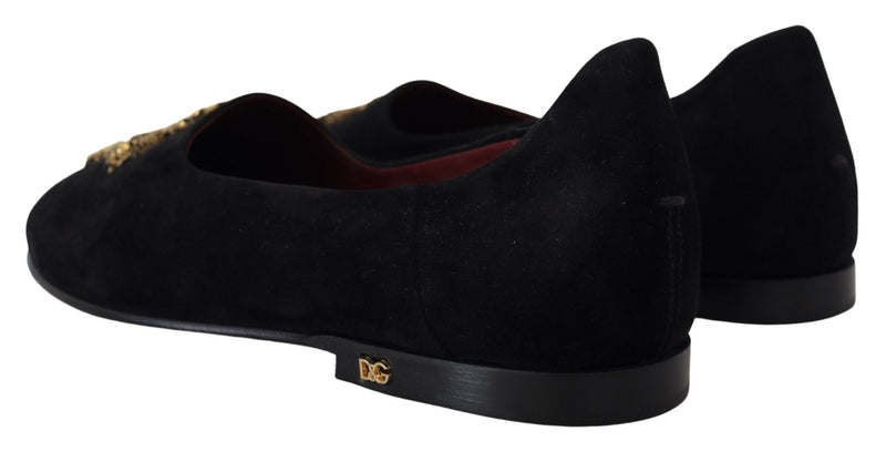 Dolce & Gabbana Black Suede Gold Cross Slip On Loafers