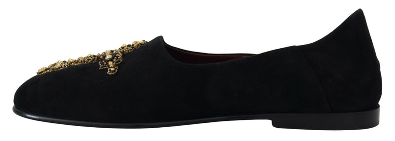 Dolce & Gabbana Black Suede Gold Cross Slip On Loafers