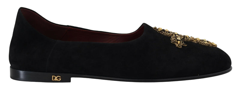 Dolce & Gabbana Black Suede Gold Cross Slip On Loafers