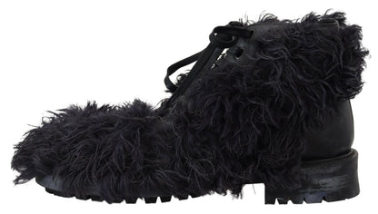 Bottines de combat en cuir noir et peau de mouton retournée Dolce & Gabbana