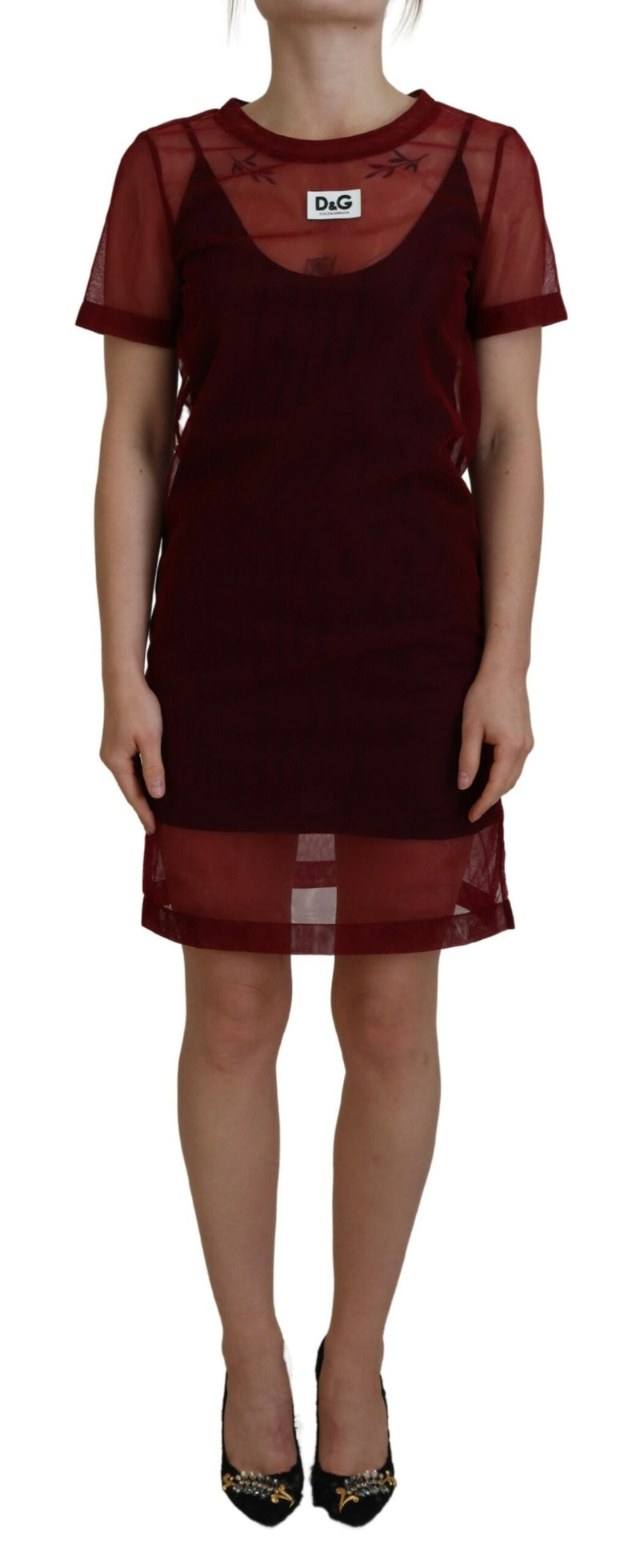 Robe Mini Shift à Deux Couches en Nylon Maroon Dolce & Gabbana