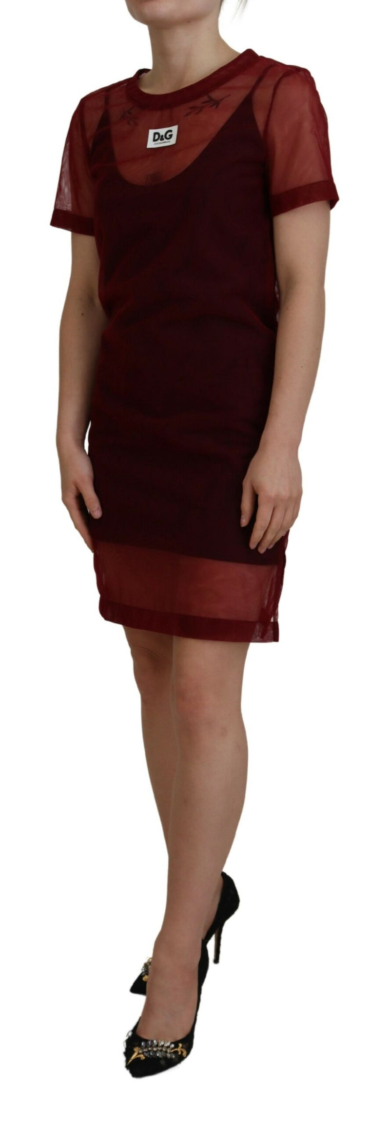 Robe Mini Shift à Deux Couches en Nylon Maroon Dolce & Gabbana