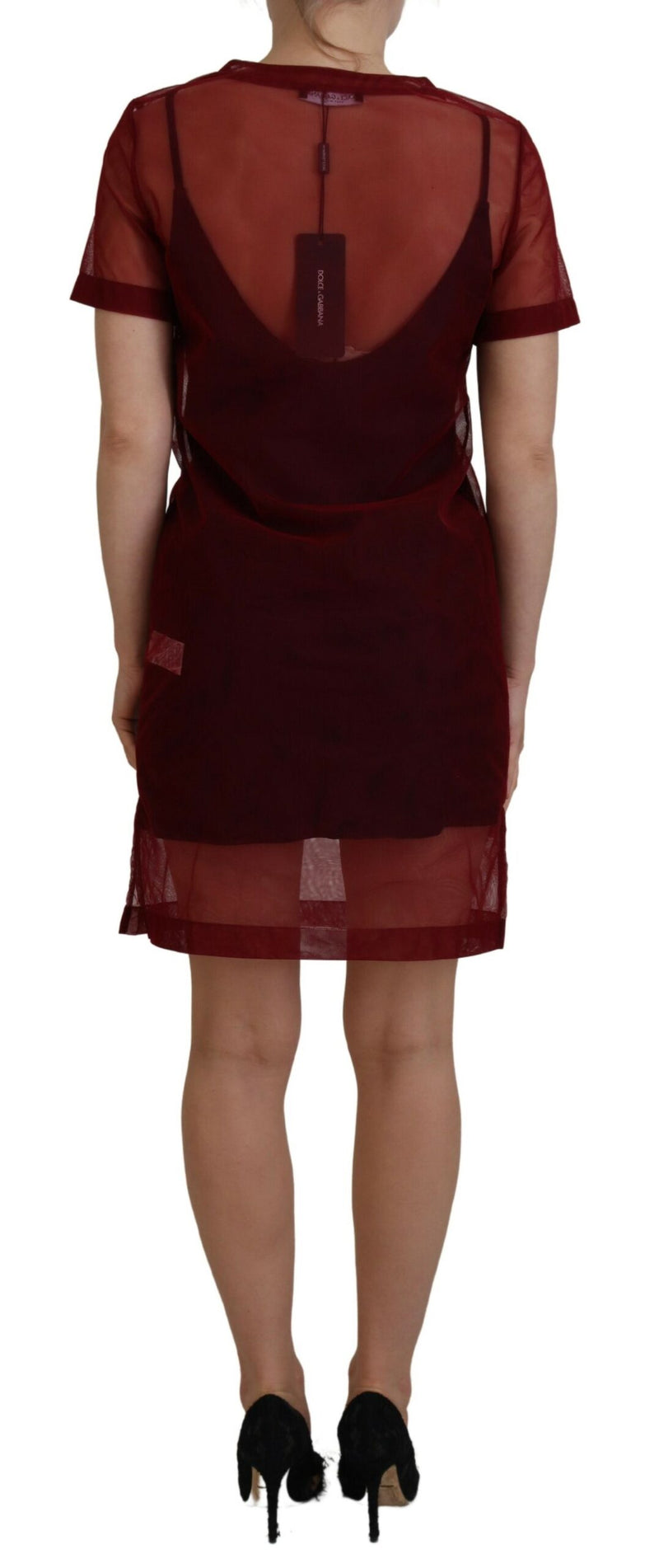 Robe Mini Shift à Deux Couches en Nylon Maroon Dolce & Gabbana