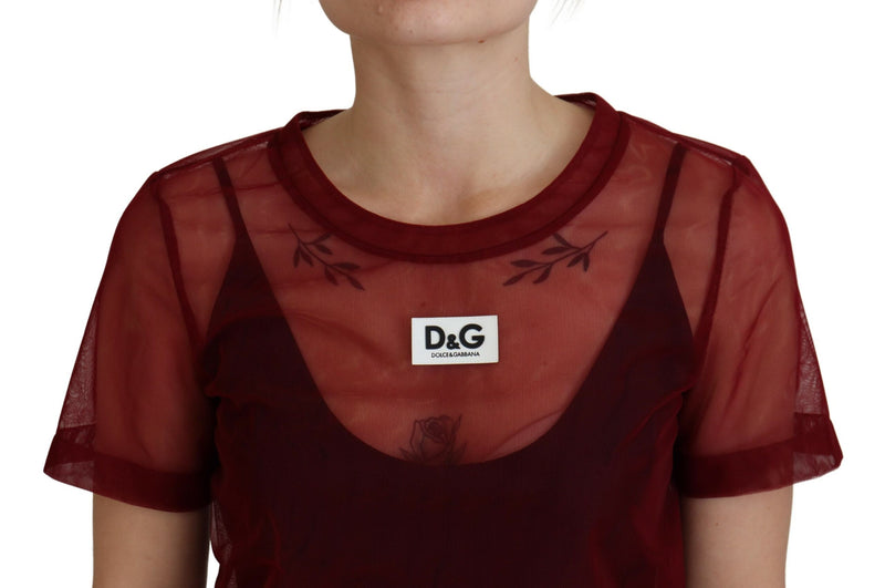 Robe Mini Shift à Deux Couches en Nylon Maroon Dolce & Gabbana