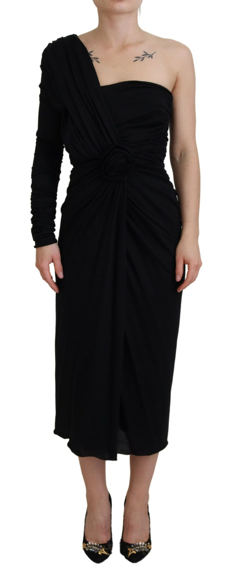 Dolce & Gabbana Robe Fourreau Noire à Épaule Dénudée en Laine