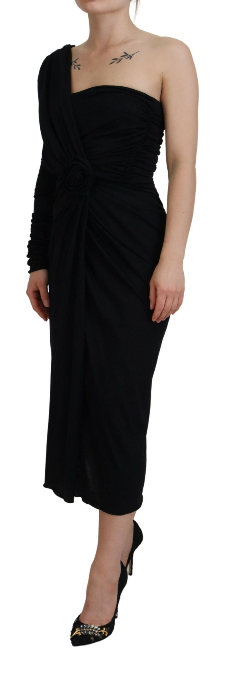 Dolce & Gabbana Robe Fourreau Noire à Épaule Dénudée en Laine
