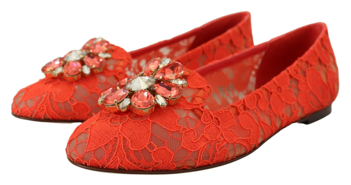 Dolce & Gabbana Red Taormina Lace Crystals Ballet Flats
