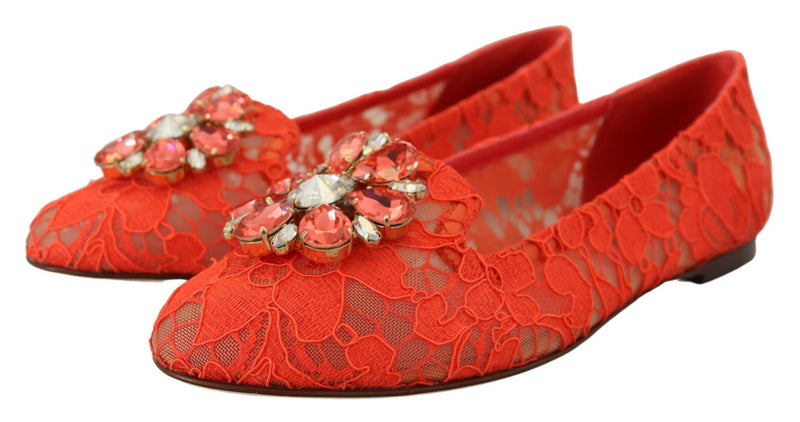 Dolce & Gabbana Red Taormina Lace Crystals Ballet Flats