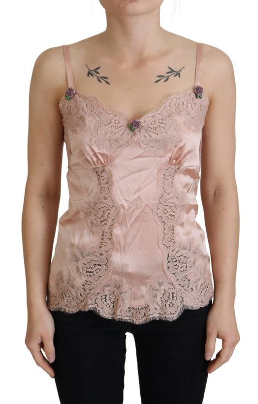 Dolce & Gabbana Roze Zijden Kant Rozen Tank Top Ondergoed