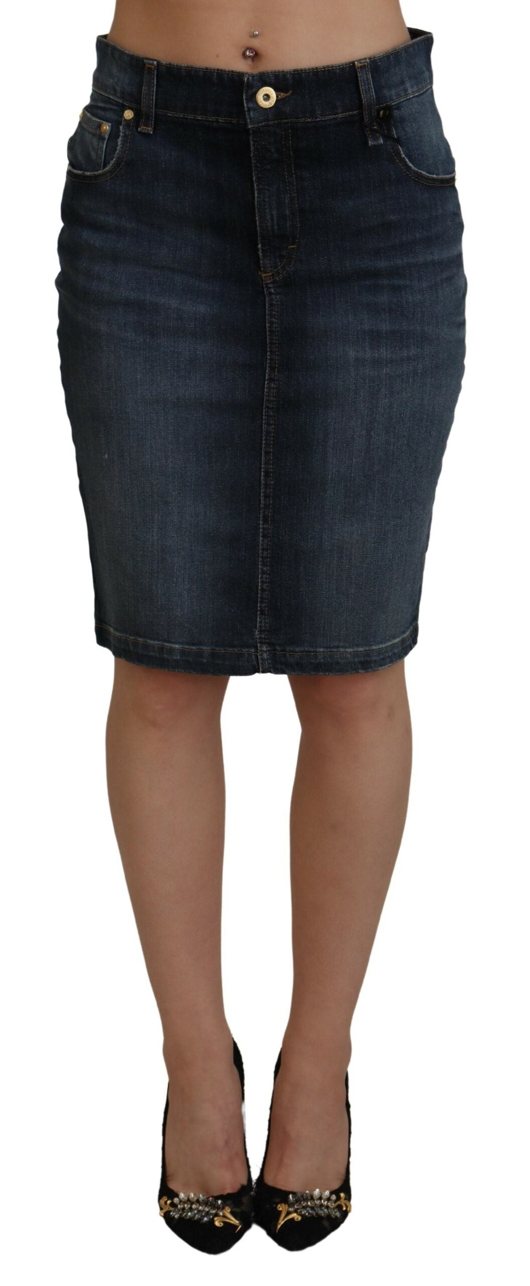 Fiorucci Jupe en Jean Bleu Foncé Taille Mi-Haute Coupe Crayon