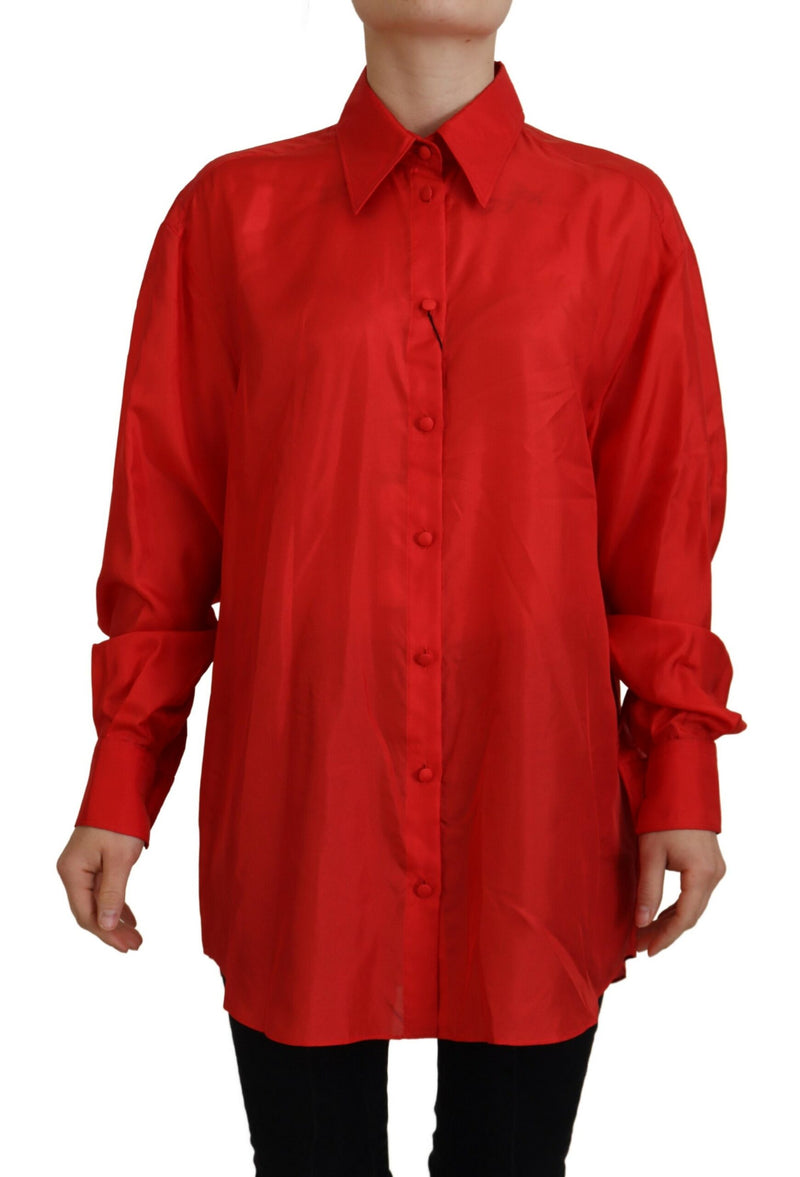 Dolce & Gabbana Red Silk Collared Long Sleeve Dress Shirt