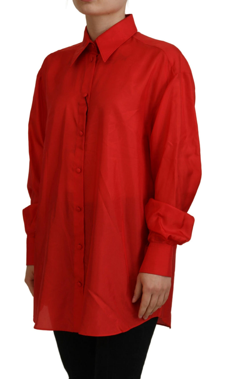Dolce & Gabbana Red Silk Collared Long Sleeve Dress Shirt