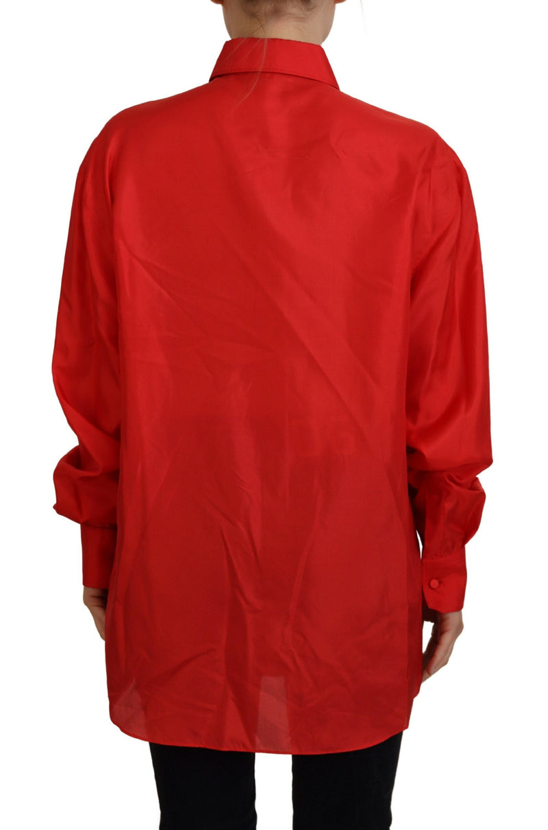 Dolce & Gabbana Red Silk Collared Long Sleeve Dress Shirt