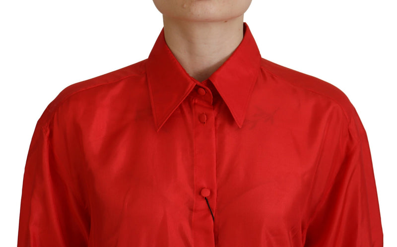 Dolce & Gabbana Red Silk Collared Long Sleeve Dress Shirt