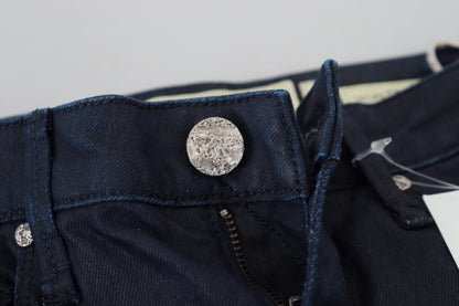 Jean en coton bleu clair taille basse, coupe slim, style décontracté pour femme.