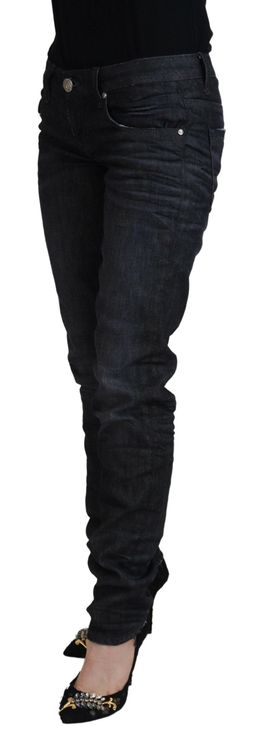Jeans en coton noir pour femme, taille basse, coupe slim, style décontracté, marque Acht.